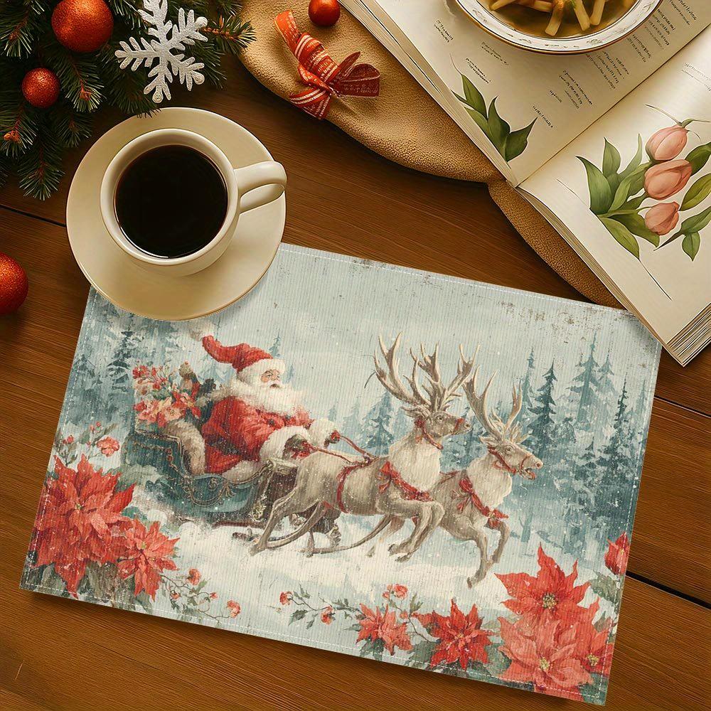 4pcs Vintage Christmas Placemats with Santa Claus & Reindeer Illustration - Festive Holiday Table Decor for Parties, Coffee Tabl