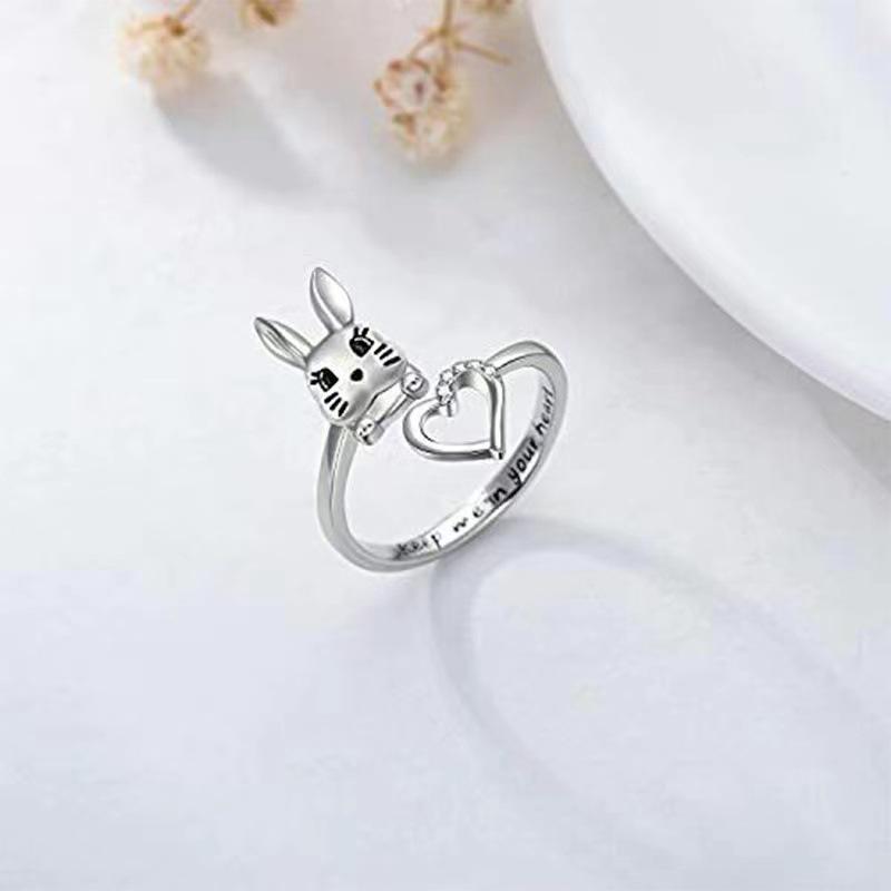 Adjustable Cute Rabbit Heart Ring with Diamond Inlay - Women's Cartoon Style
