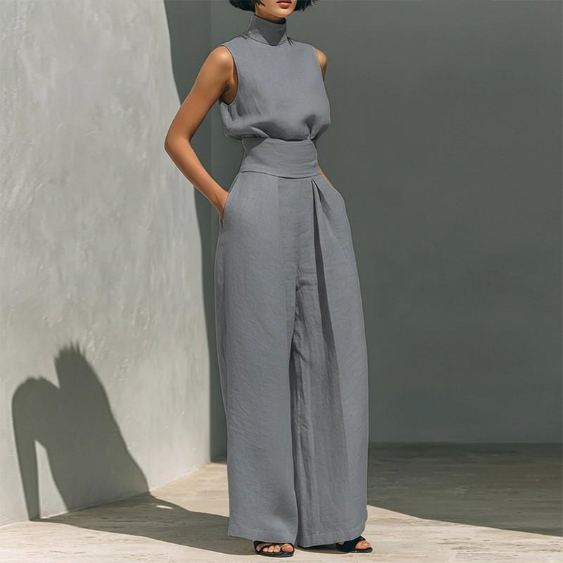 Womens 2026 Casual Solid Color Sleeveless High-Waist Straight Leg Pant Set Elegant Office Wear