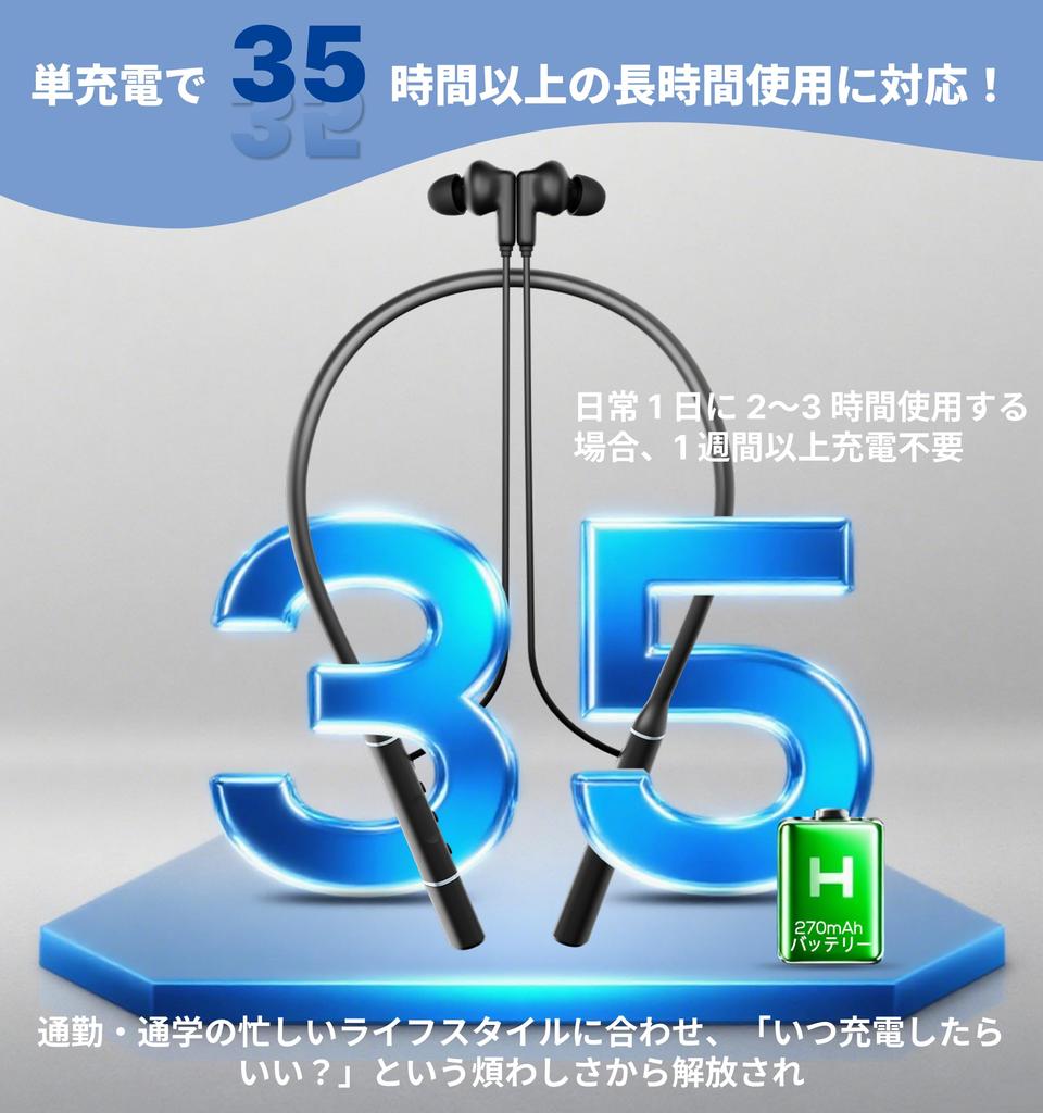 Hmusic Reverse Charging Neckband Earphones  Bluetooth 5.4 Compatible, 35 Hours of Playtime, Driver, High-Sensitivity Microphone, ENC Hands-Free