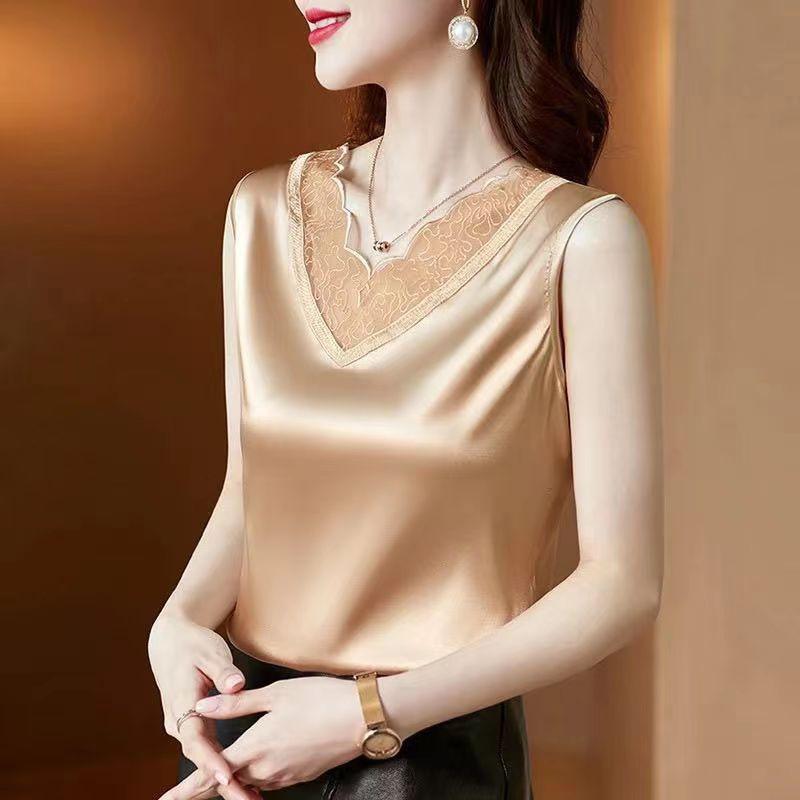 Summer lace V-neck suspender vest women cover their stomachs and look thin, wear a sleeveless top bottoming shirt tide