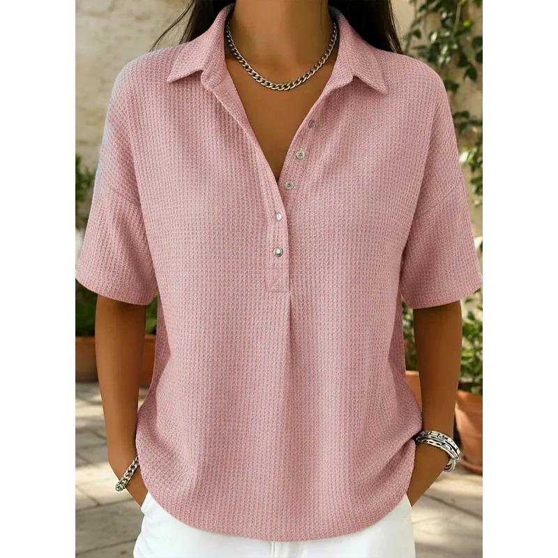 QICED Women's Fashion POLO Neck Short Sleeve Casual Blouses & Shirts Casual Chic