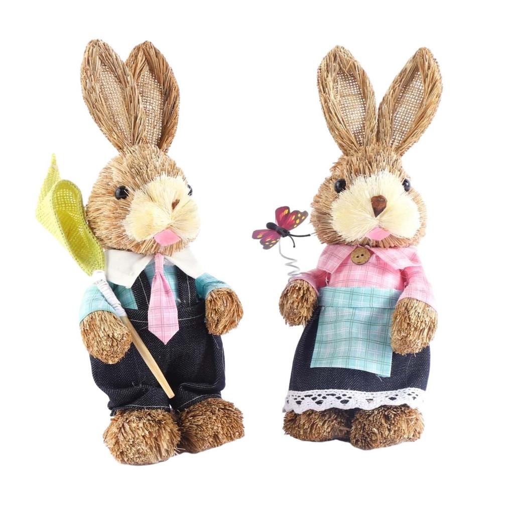 2Pcs Easter Bunny Figurines Easter Decor Cartoon Cute Creative Straw Rabbit Statue for Tabletop Yard Patio Lawn Bookshelf
