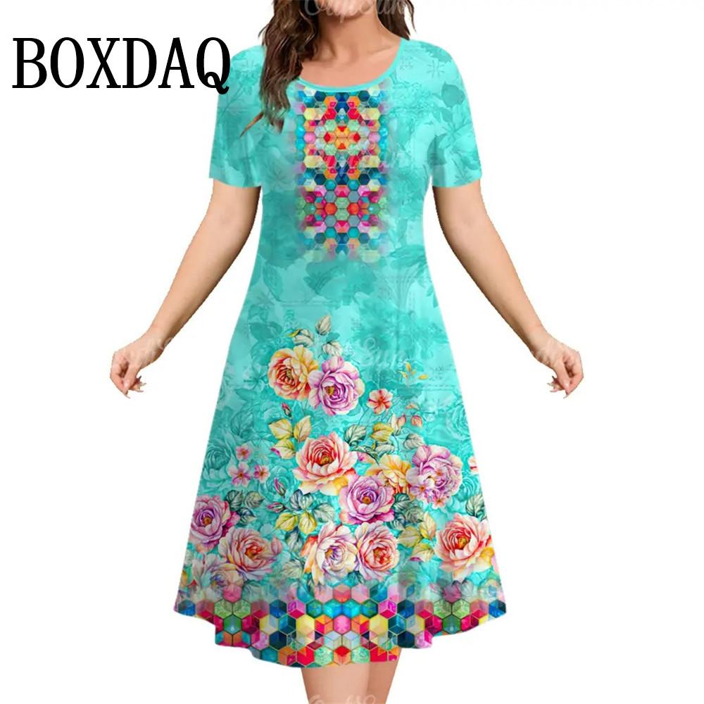 Summer Women's Dress Fashion Floral Pattern Short Sleeve Dresses Loose Plus Size Casual Round Neck Print Clothing Elegant Dress
