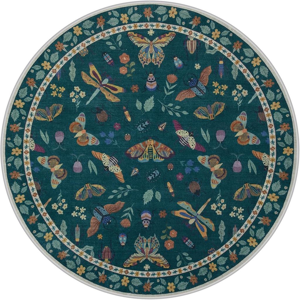 Round Living Room Carpet Green Insect Floral Carpets Home Decoration Rug for Bedroom Bedside Floor Mat Christmas Gifts 