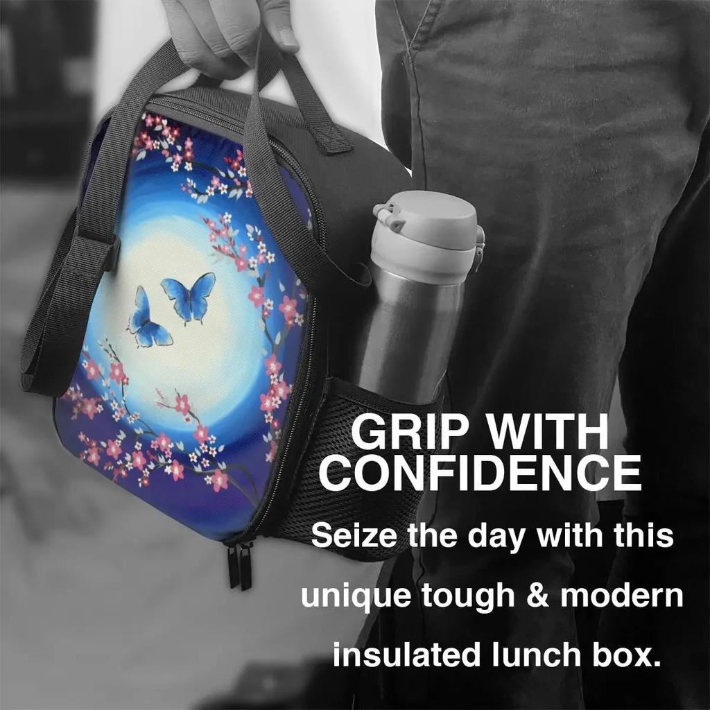 Japanese Cherry Blossoms Butterflies Thermal Insulated Lunch Bag Flower Floral Lunch Tote for Office Outdoor Bento Food Box