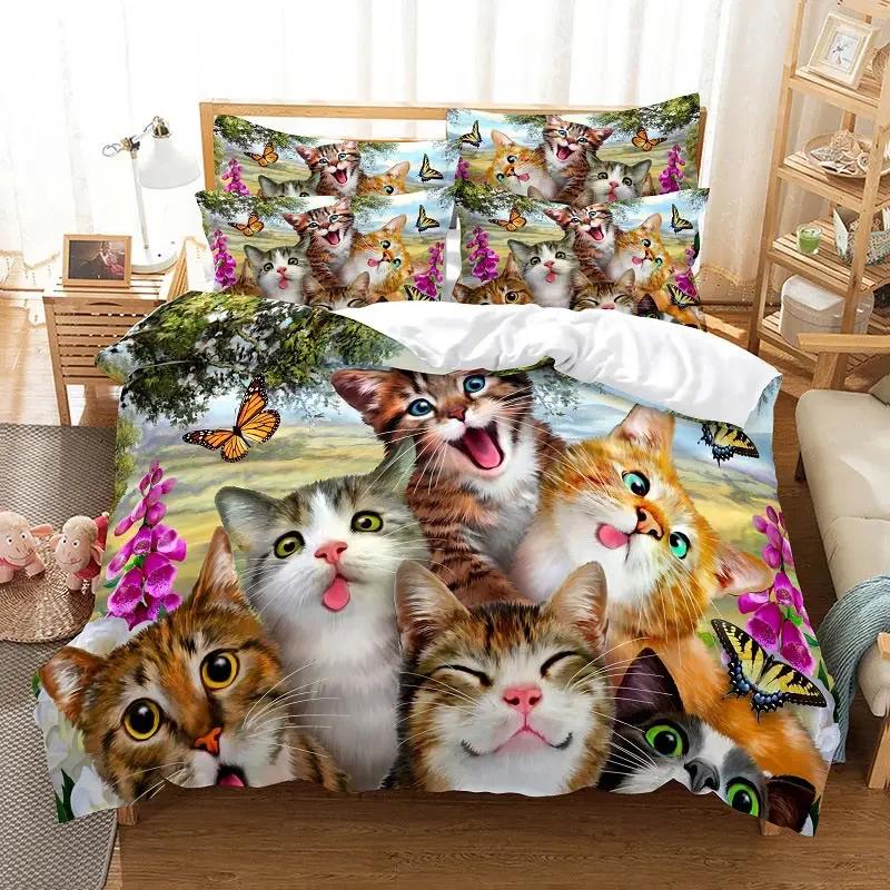 Cat Duvet Cover Set Cute Kitty Theme Bedding Set for Kids Girls 2/3pcs Single Double Queen King Size Comforter Cover Bedclothes