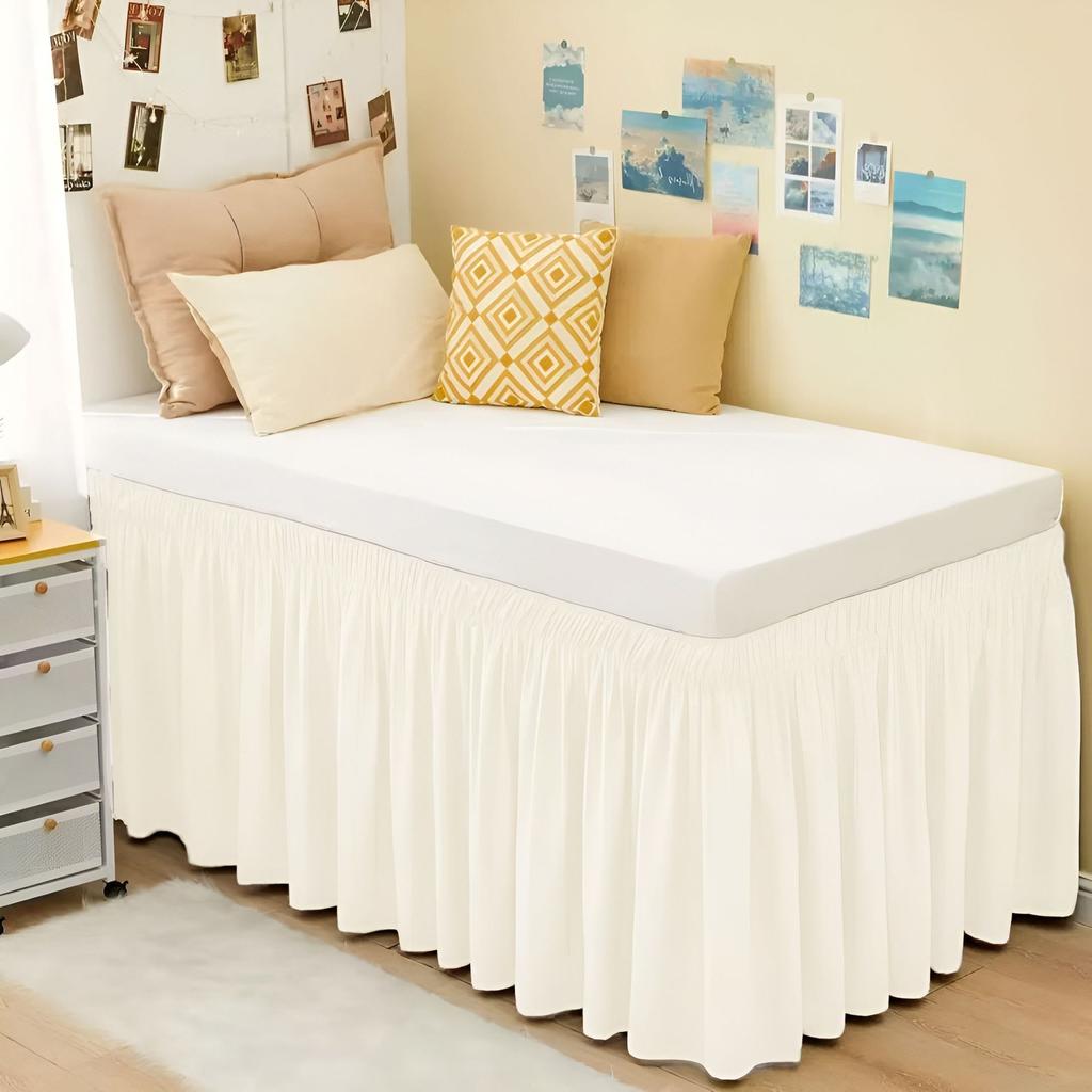 Extra Long College Hostel Dorm Room Bed Skirt Wrap Around Pretty Ruffles Bed Skirt Valance with Three Sides Fabric for Twin Bed