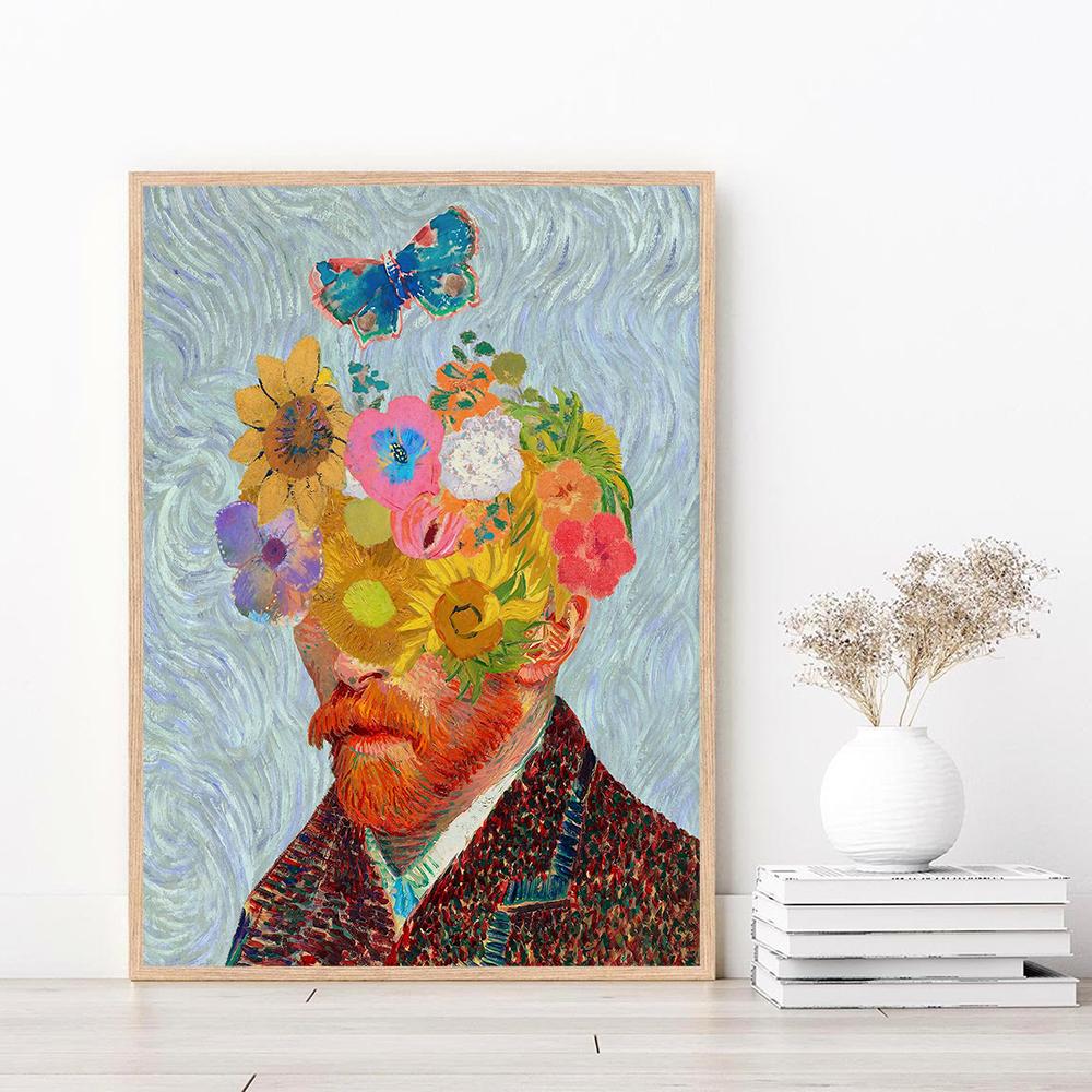 Van Gogh Figure Painting Self Portrait Abstract Canvas Painting Butterfly Flower Poster Prints Blue Wall Art Picture Room Decor