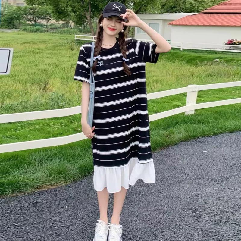 Summer 2026 Korean Style Striped Lace Maternity Dress – Slimming and Sweet M