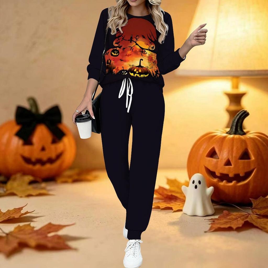 Dámský dvoudílný outfit s halloweenským potiskem, Dlouhý rukáv, Kulatý výstřih, Tepláky s tkaničkou, Ležérní tepláková souprava na jaro a podzim