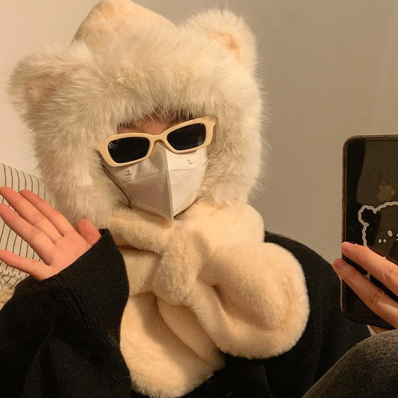 Winter Cute Bear Plush Hat and Scarf Integrated Women's Versatile Warm Fleece Lined Cute Neck Warmer