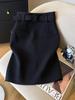 Women's Black Wool Midi Skirt with Belt - High-Waisted A-Line for Spring/Autumn Fashion