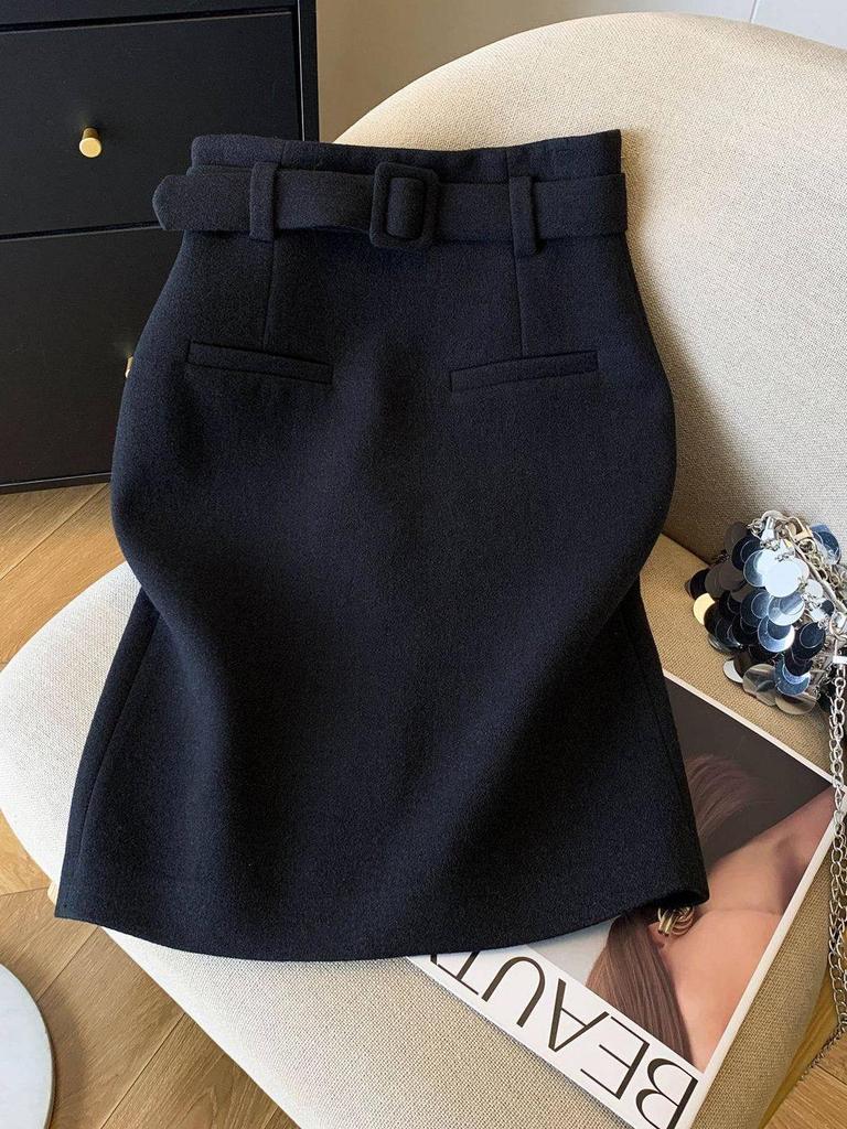 Women's Black Wool Midi Skirt with Belt - High-Waisted A-Line for Spring/Autumn Fashion