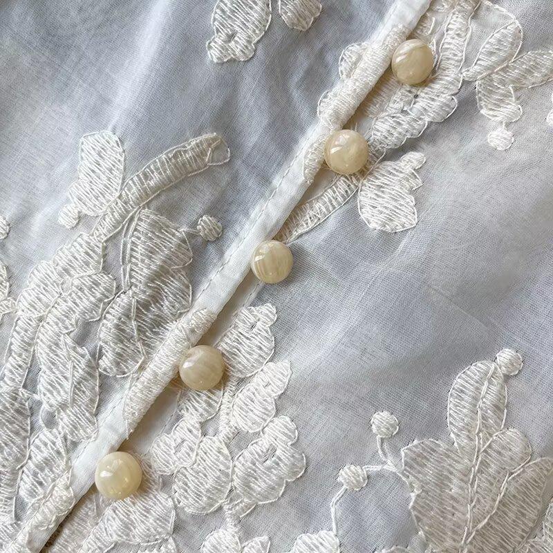 Semi-Transparent Lace Embroidered Women's Round Neck Blouse