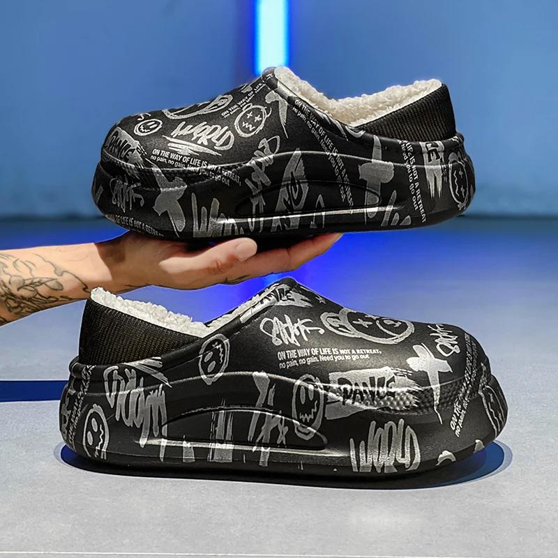 

Мужские тапочки, обувь для мужчин, унисекс, теплые, нескользящие, износостойкие, с толстой подошвой, водонепроницаемые, с добавлением хлопка, с покрытием пятки, модные, новые 44-45 чёрный