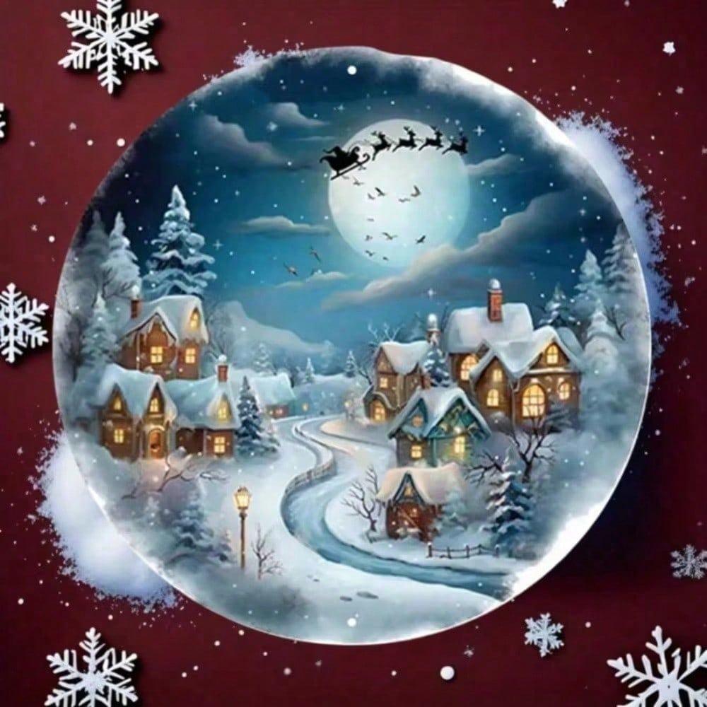 Rustic Metal Round Wreath 8x8 Inch Santa Moon Winter Scene Christmas Wall Art Home Decor