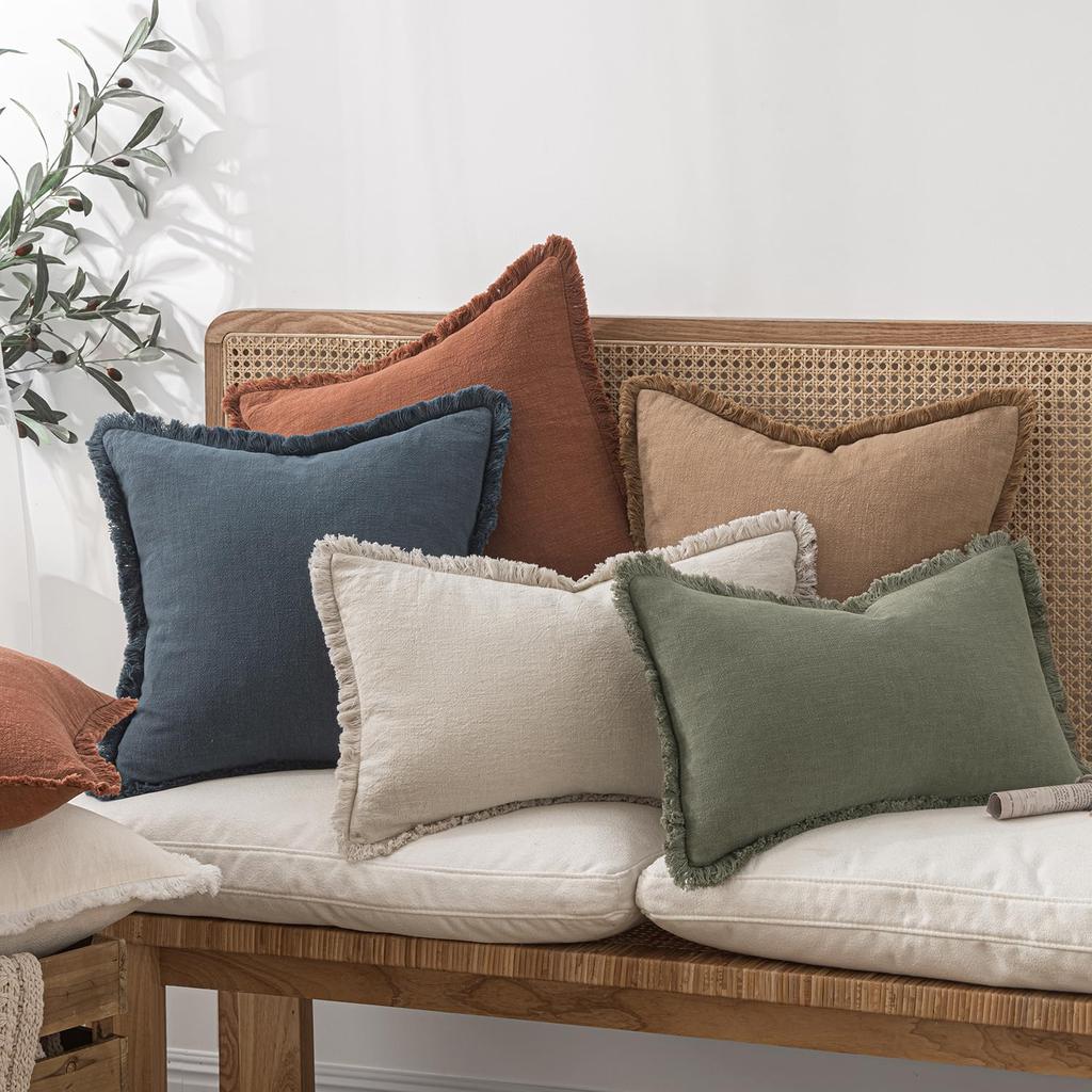 Decorative Linen Fringe Throw Pillow Cover Cozy Boho Cushion Cover with Tassels Soft Accent Pillowcase for Couch Chair Sofa Bed