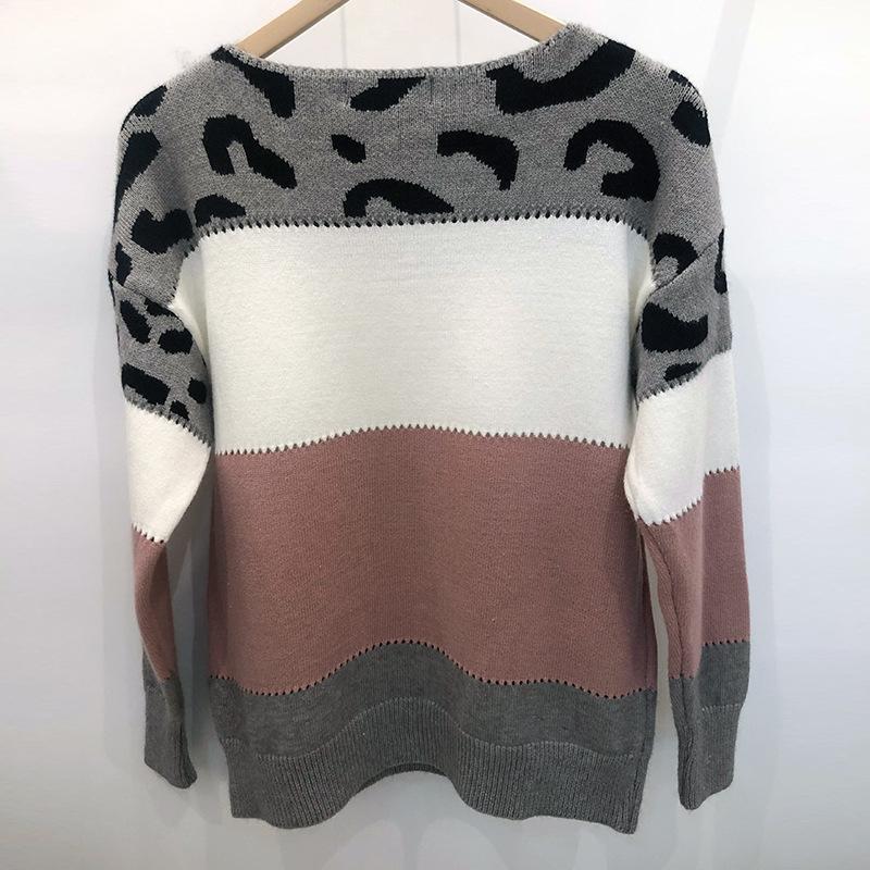 Striped Leopard Print Round Neck Pullover Sweaters Women Fashion Loose Vintage Knitted Sweater Woman Autumn Long Sleeve Casual Winter Clothing 25142