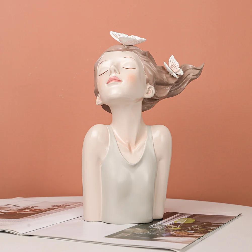 26cm Resin Decorative Girl Statue with Butterflies, Elegant Home Decor for Modern Interiors, Modern Stylish Lady Bust Statues