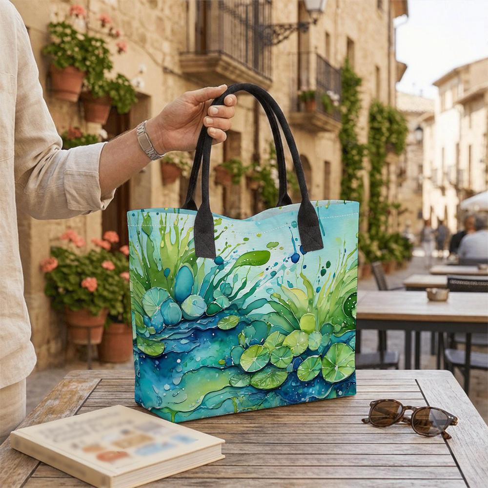 Watercolor Pond Lotus Print Tote Bag Casual Large Capacity Shoulder Handbag for Daily Use