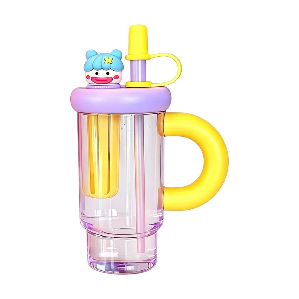 Double Layer Straw Cup with Cartoon Lid Handle Heat Resistant Leak Proof Reusable Water Bottle Cute Doll Handle Insulated Tumbler