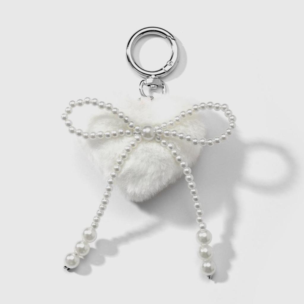 Simple Versatile Plush Heart Faux Pearl Bow Keychain Bag Charm