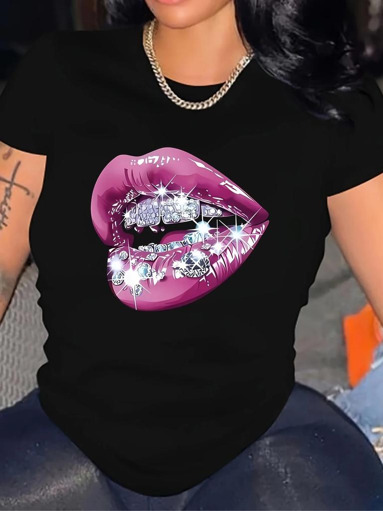 Lips Graphic Print Tshirt Short Sleeve Crew Neck Casual Summer Spring Womens Clothing Sleeved Harajuku Streetwear Tops Tees