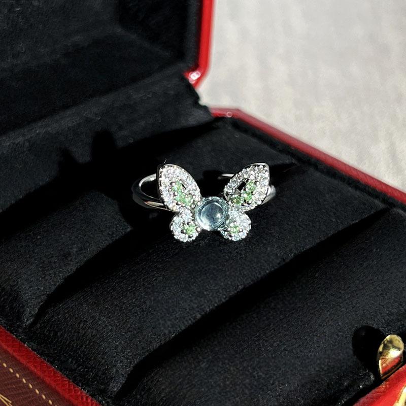 Small fresh green diamond four-leaf clover green butterfly flower language exquisite opening ring female Korean version