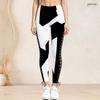 Women Plus Size High Waist Black White Printed Side Eyelet Lace Up Full Length Leggings