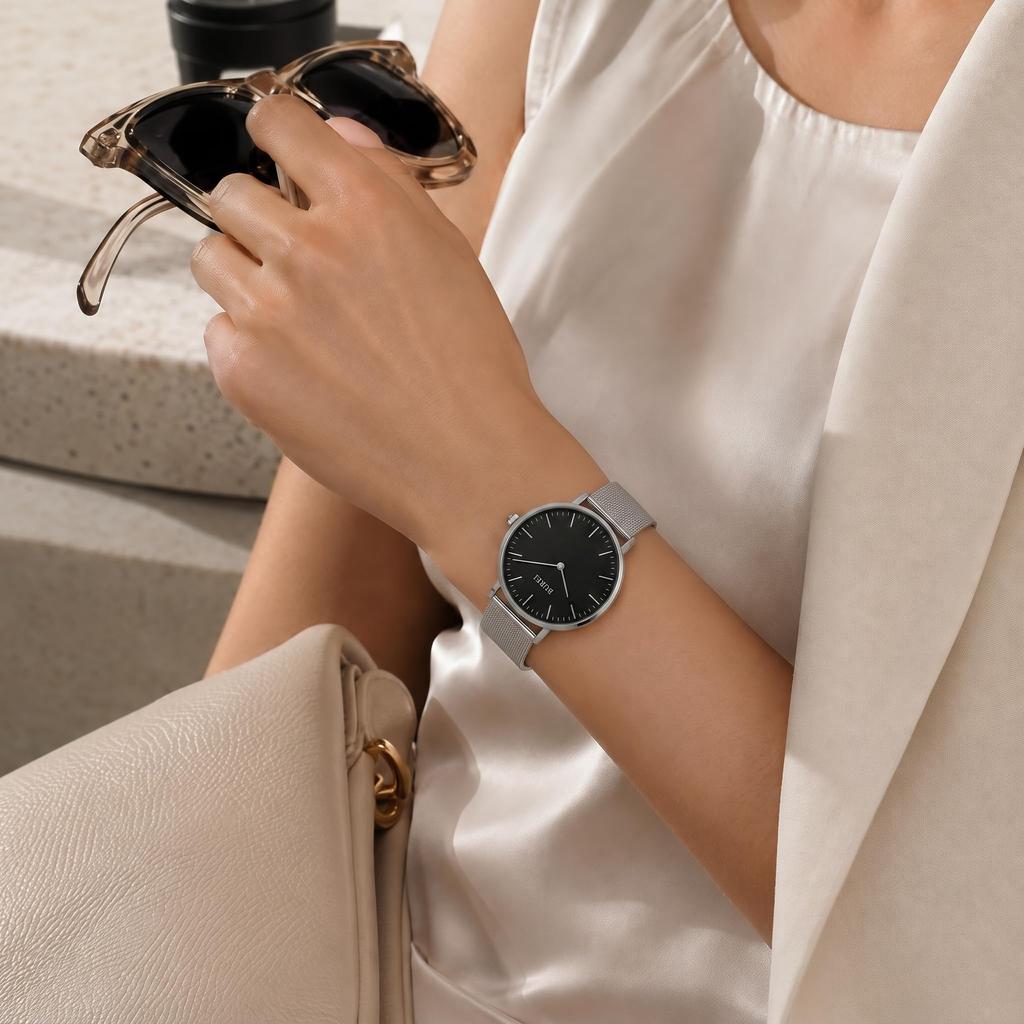 BUREI Mesh & Leather Watch, Japanese Quartz, Dual Interchangeable Bands, 34mm Case, 3 ATM Water Resistant, Women's