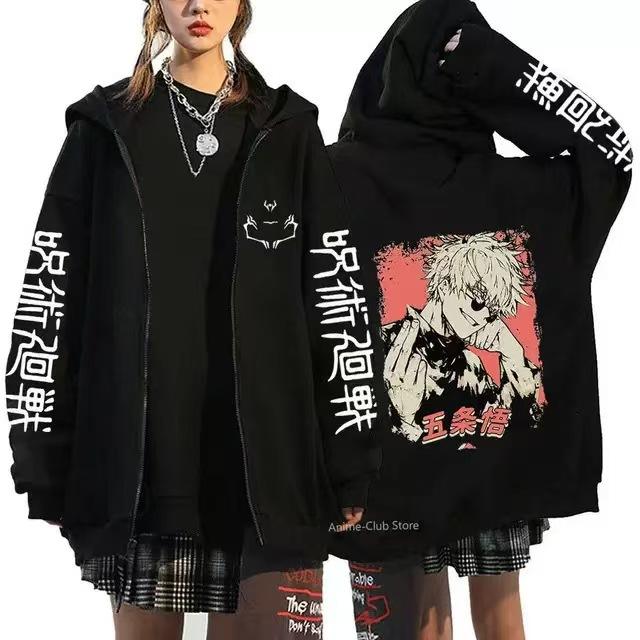 Jujutsu Kaisen Anime Graphic Zip-Up Hoodie Black Polyester Cotton Blend