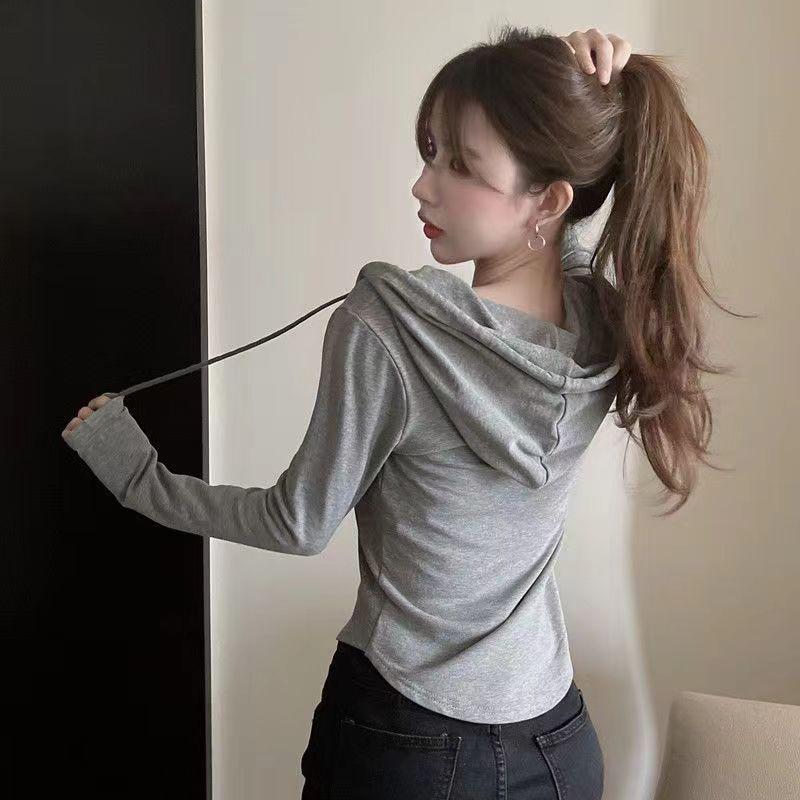 Women's Autumn 2024 Hooded Long Sleeve T-shirt with Waist-Cinching Slim Fit