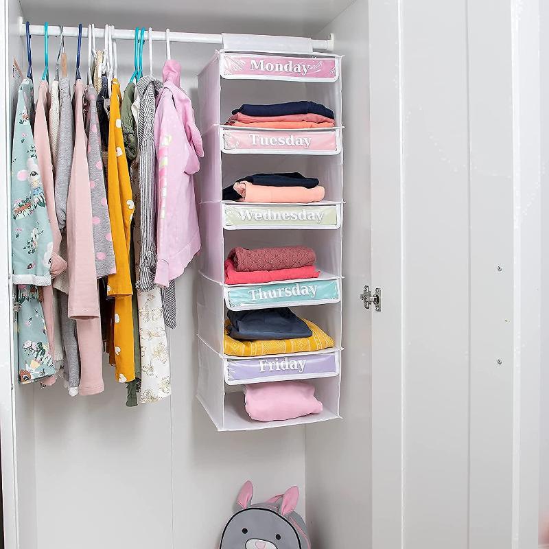 1Pc 5-Shelf Weekly Clothes Organizer Kids Daily Shelf Hanging Closet Organizer Days Of The Week Hanging Storage Shelves For Kids