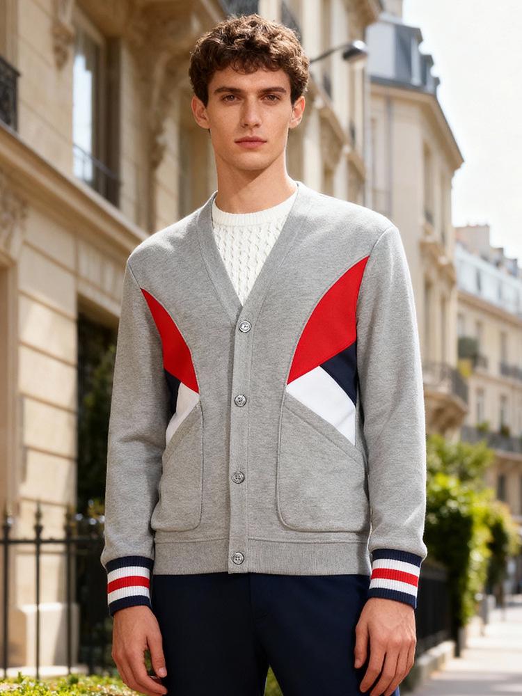 Spring & Autumn Cotton Cardigan: Trendy Red, White & Blue Patchwork Jacket for Couples (B05)