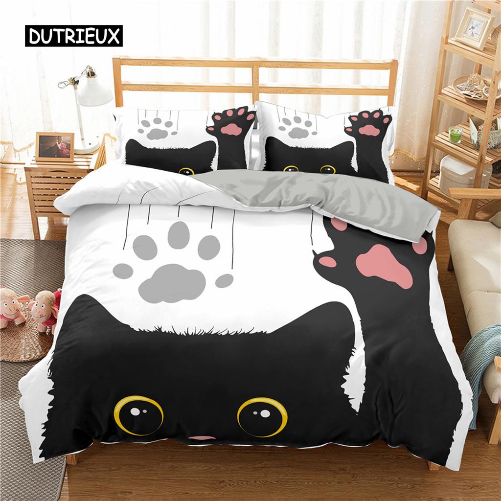 Home Textile Cartoons Cute Cat Quilt Cover Duvet Cover Pillow Case Boy Girl 2/3Pcs Polyester Bedding Set King Queen Twin Size