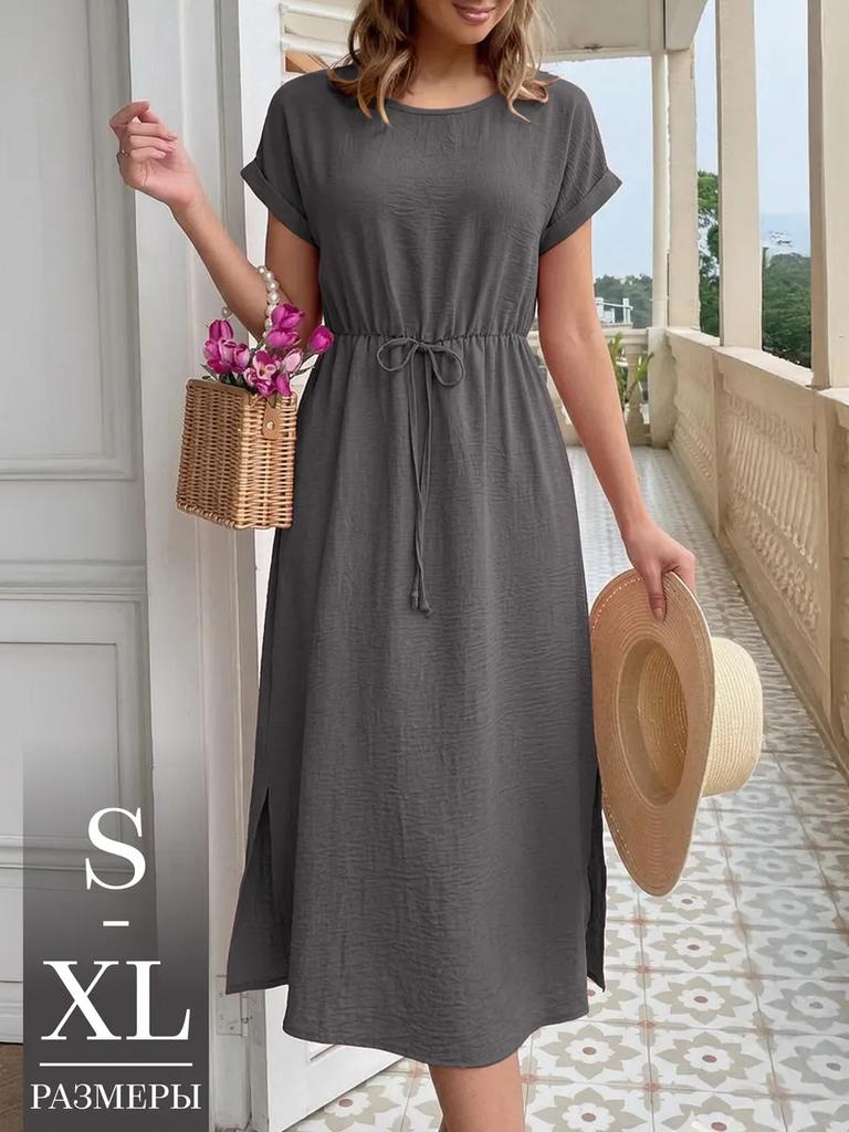 women's crinkle textured round neck drawstring waist short sleeve side split midi sundress summer casual beach dress
