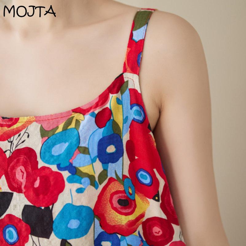 MOJTA Letnia Damska Sukienka z Okrągłym Dekoltem, Luźna, Długa Spódnica, Bawełniana, Haftowana, z Krótkim Rękawem