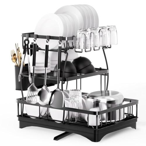 Dish Drainer, Dish Drainer, 3-Tier, Large Capacity Storage Rack [Includes 360-Degree Rotating Tray, Chopstick Holder, Cup Holder, Cutting Board Stand,