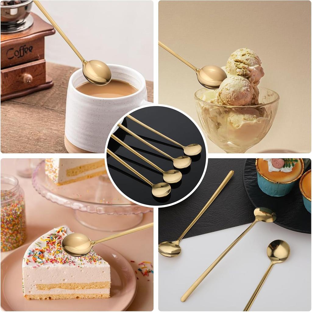 4 Pack Gold Coffee Stir Spoons for Coffee Bar Long Espresso Stirring Spoon Teaspoons Cocktail Tea Mixing Spoon 6.7 Inches Ice Stainless Steel
