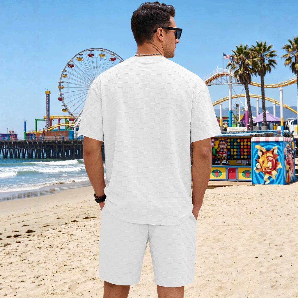Men Waffle Grid Textured 2 Piece Outfits, Crew Neck Short Sleeve T‑Shirt Drawstring Elastic Waist Shorts Casual Summer Track Suit Set Multiple Colors