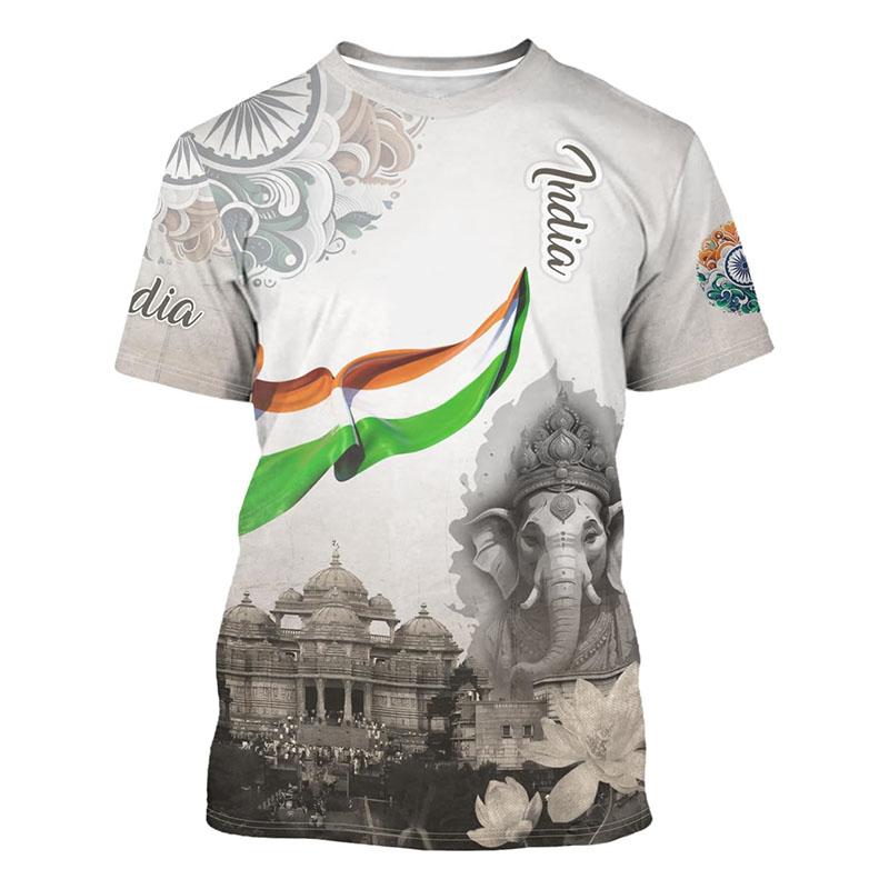 

India Flag Print T-shirt Men s Clothing Crewneck Short Sleeve T Shirts 3D Print Elephant Pattern Street Fashion Trend Tee XXS
