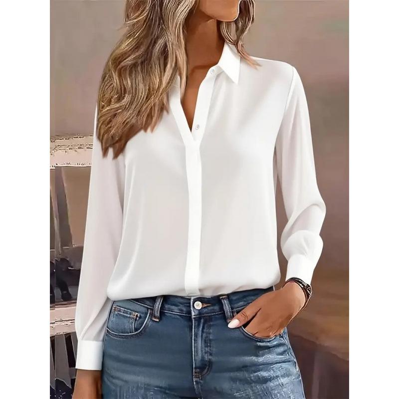 New Autumn Solid Color Long Sleeve Shirt Lapel Shirt for Women