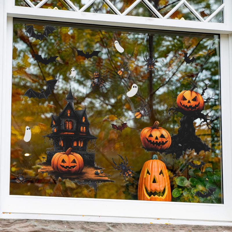 Halloween Window Stickers Pumpkin Bat Pattern Wall Stickers Self-Adhesive Bedroom Living Room Horror Decoration