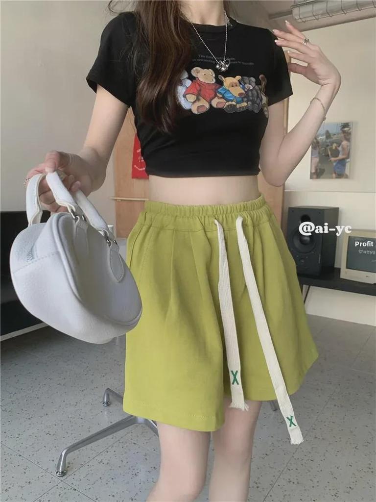 Women's High-Waist Elastic Sports Shorts - Summer 2024 Korean Style Wide-Leg Casual Pants