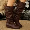 Comemore Retro Pleated Boots Women's Autumn New Belt Buckle High Thigh Chunky Middle Heel Knee High Botas Gladiator Female Shoes