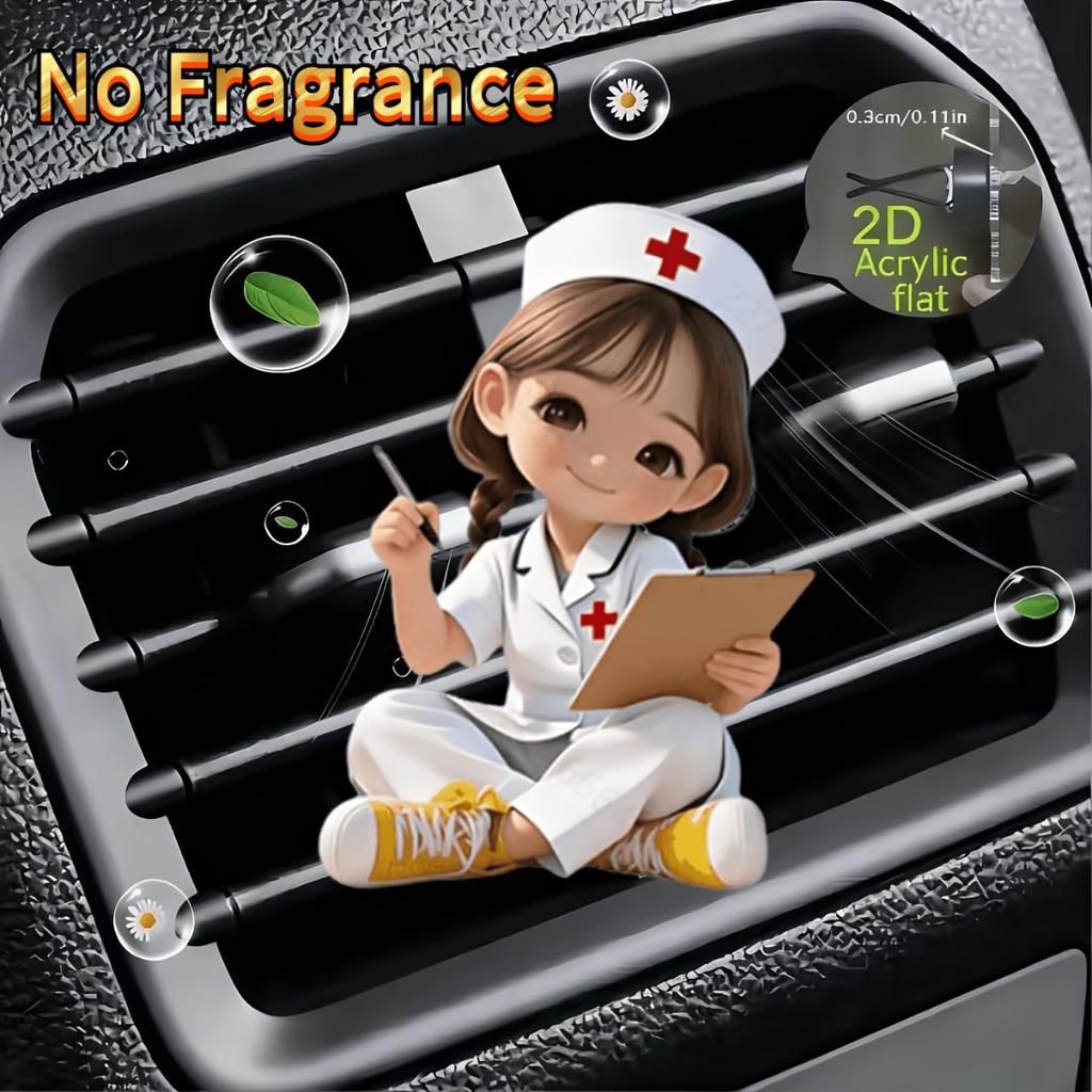 2D Flat Acrylic Nurse Girl Writing Note Unscented Car Vent Diffuser Clip With Dual Unscented Sponge Pads Car Accessory