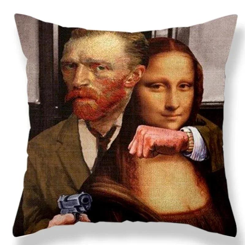 Oil Painting Portrait Decorative  Linen Cushion Cover Mona Lisa Print Pillow Case For Sofa Chair Home Decor Gift 45x45cm