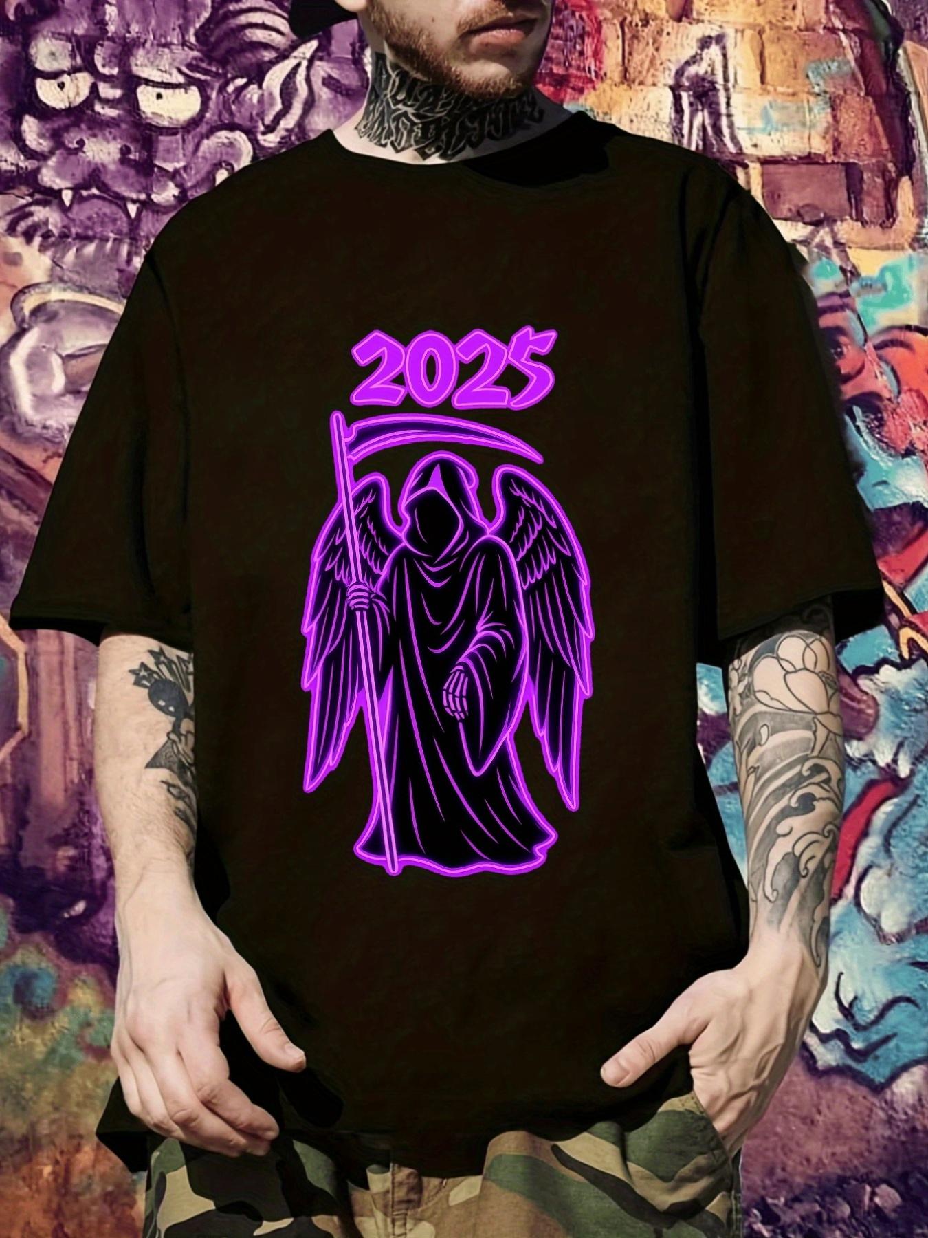 

2025 Death Angel Graphic T-shirt - Vibrant Neon Purple Short Sleeve Tee with Winged Angel & Crown Design L