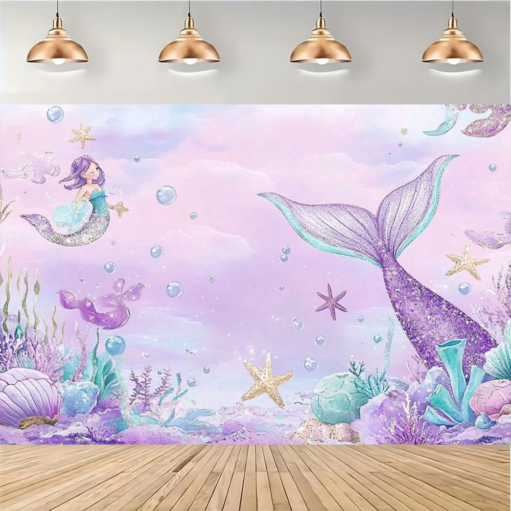 1 whimsical mermaid party backdrop | Shiny tail shell and starfish | polyester photo backdrop